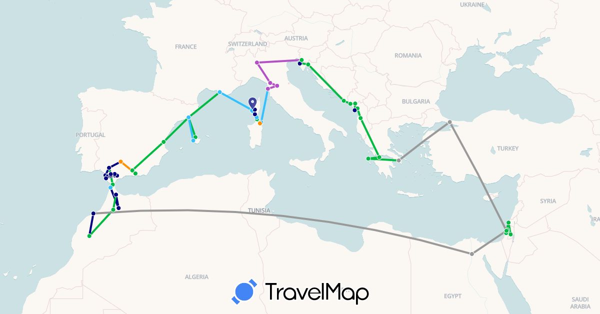 TravelMap itinerary: driving, bus, plane, train, boat, hitchhiking in Albania, Egypt, Spain, France, Greece, Croatia, Israel, Italy, Morocco, Montenegro, Turkey (Africa, Asia, Europe)