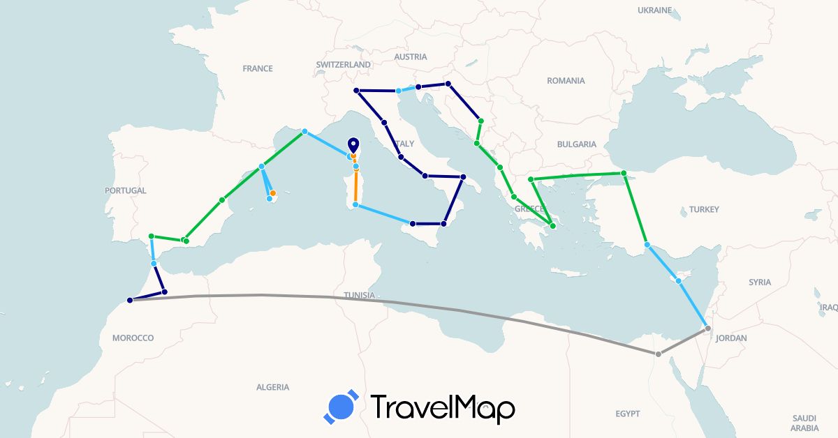TravelMap itinerary: driving, bus, plane, hiking, boat, hitchhiking in Albania, Bosnia and Herzegovina, Cyprus, Egypt, Spain, France, Greece, Croatia, Israel, Italy, Morocco, Turkey (Africa, Asia, Europe)